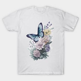 Butterfly around Flowers | Scattered Watercolor in Pastel Colors T-Shirt